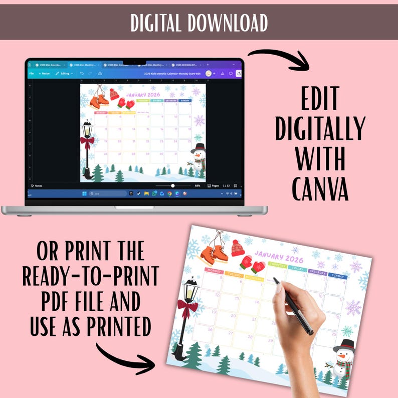 2026 Cute Colorful Printable Editable Calendar Template Kids Calendar ...