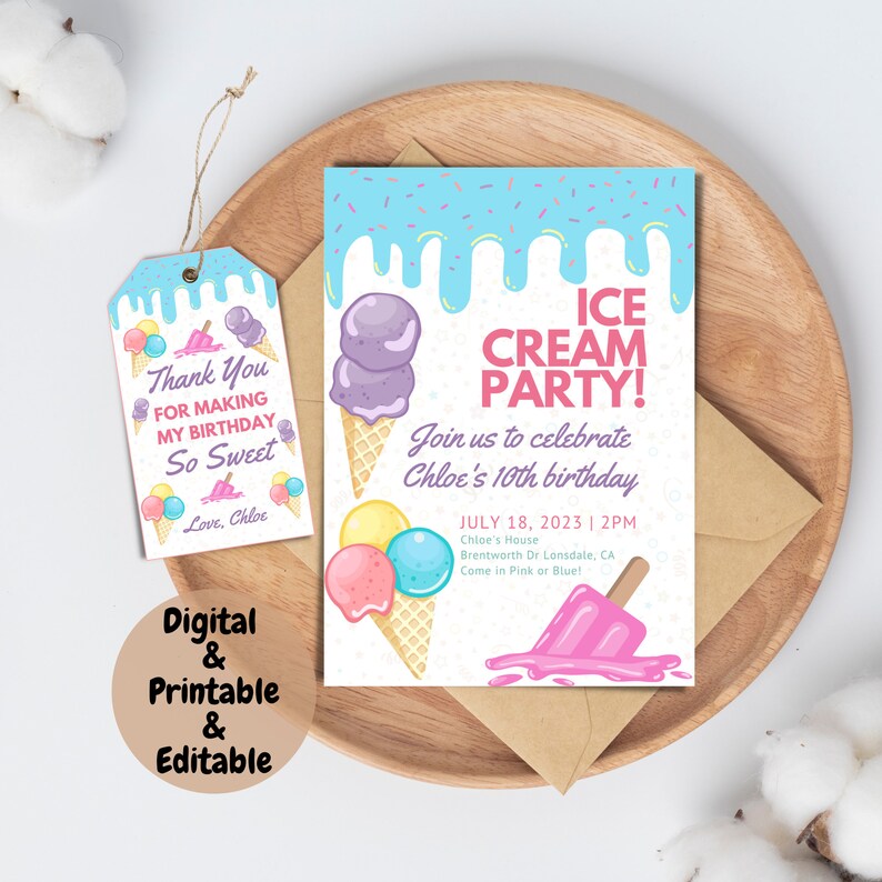 Editable and Printable Ice Cream Birthday Party Invitation Card and ...