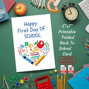 Gelukkige eerste schooldag gevouwen wenskaart | Afdrukbare terug naar school gevouwen blanco kaart | Downloadbare Good Luck-kaart voor beginners