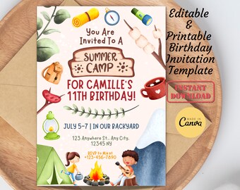 Zomerkamp uitnodigingskaart verjaardagsfeestje kinderen bewerkbare afdrukbare digitale download DIY-uitnodiging feest Evite