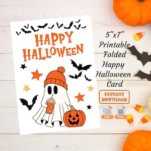 Glückliche Halloween gefaltete Grußkarte | Druckbare herunterladbare faltbare Halloween-leere Karte | Halloween Geschenk Postkarte PDF PNG