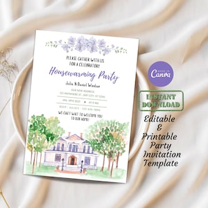 Modelo de convite para festa de inauguração de casa nova em aquarela | Cartão de convite digital para festa de mudança de casa nova, editável e imprimível