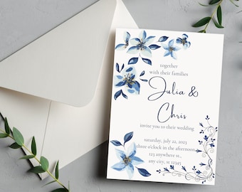 Printable&Editable Blue Wedding Invitation Template | Blue Floral Wedding Invitation Card | Downloadable Edit With Canva Wedding Invitation