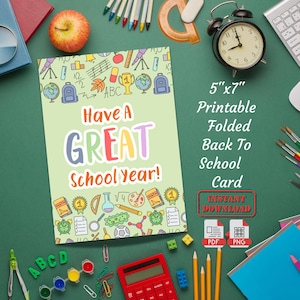 Een geweldig schooljaar gevouwen wenskaart | Afdrukbare Back To School Good Luck-kaart | Opvouwbare First Day Of School-cadeaubon