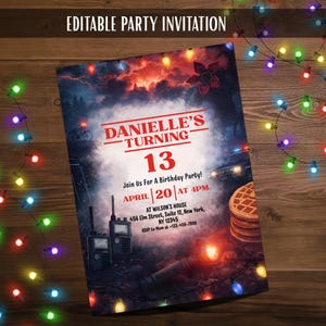 May include: A birthday party invitation with the text "DANIELLE'S TURNING 13" set against a dark, dramatic backdrop. The invitation details a party on April 20th at 4 PM, with an RSVP number. The words "EDITABLE PARTY INVITATION" are at the top.
