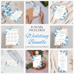 Blue Floral Wedding Invitation Bundle: Printable, Editable Templates (Digital Download