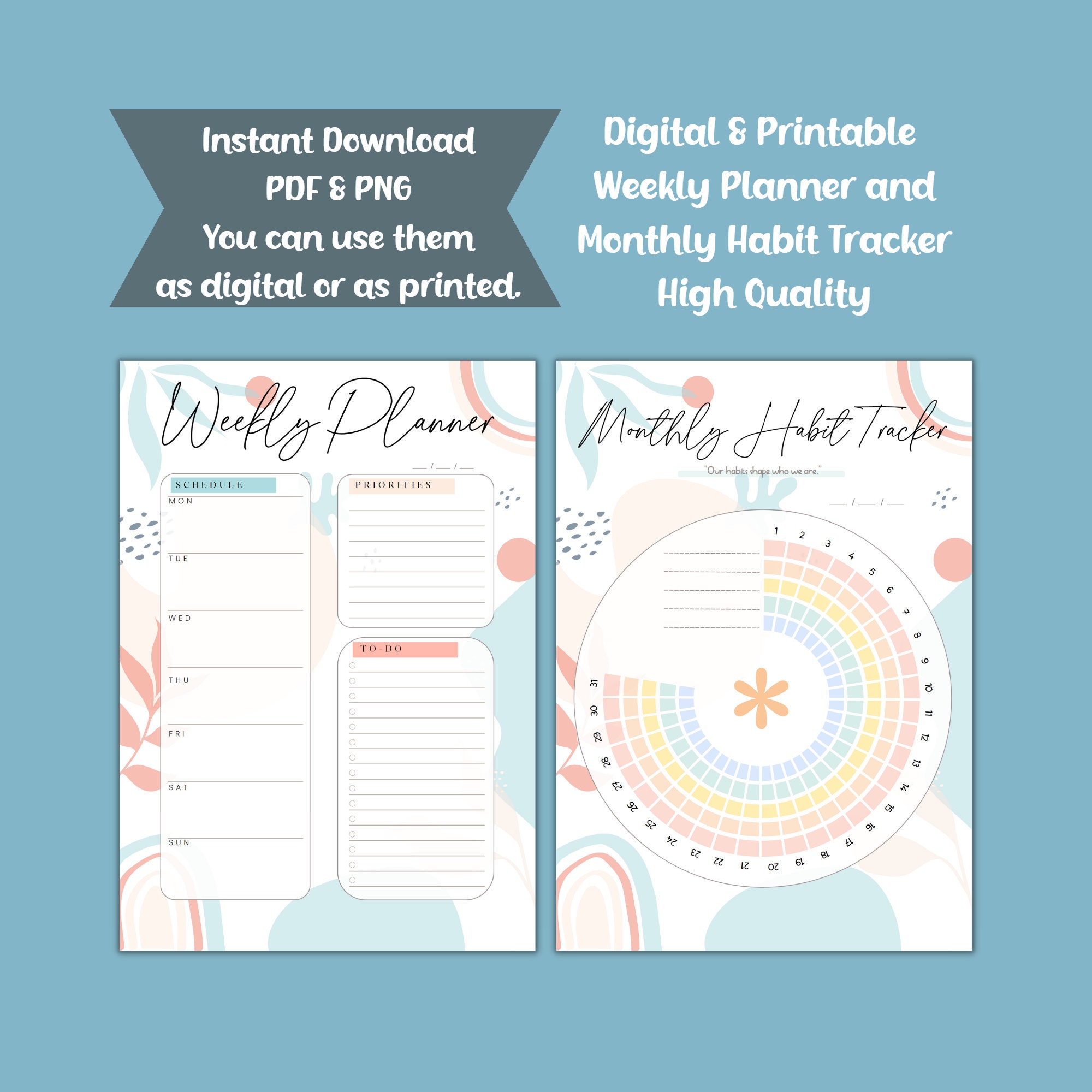 Boho Weekly Planner and Monthly Habit Tracker Printable & Digital ...