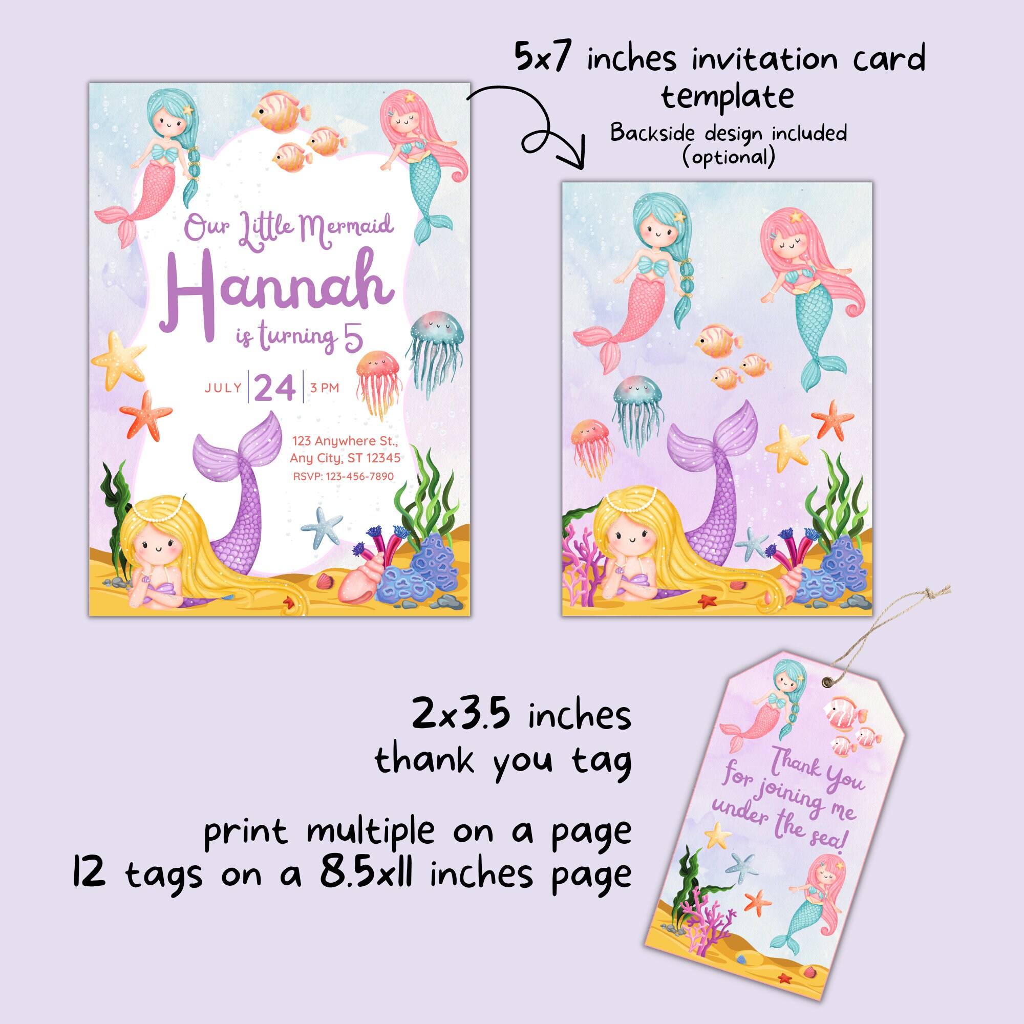 Editable and Printable Little Mermaid Birthday Party Invitation Card Template Thank You Tag ...