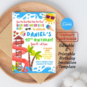 Modelo de convite para festa de aniversário com toboágua no quintal | Convite digital editável para impressão para festa de aniversário infantil no verão