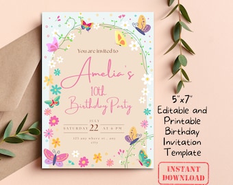 Pastel Butterfly Floral Girl Kids Birthday Party Invitation Card Canva Template Editable Printable Digital Download DIY Flowers Invite