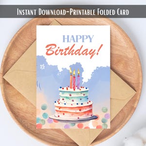 Cartão de Feliz Aniversário Dobrado com Bolo de Aniversário em Aquarela | Cartão de Saudações em Branco para Imprimir e Baixar Instantaneamente | Cartão de Aniversário Colorido em Branco Dobrado