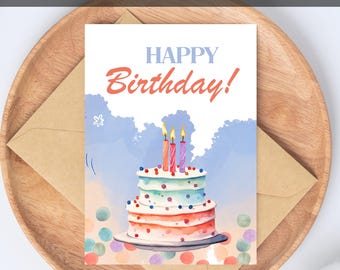 Printable Watercolor Birthday Cake Happy Birthday Folded Greeting Card Instant Download Birthday Blank Gift Card
