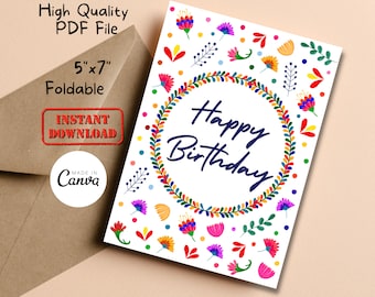 Carte de vœux pliable joyeux anniversaire aquarelle Floral Fiesta | Carte d’anniversaire pliée PDF numérique et JPG | Carte d'anniversaire imprimable