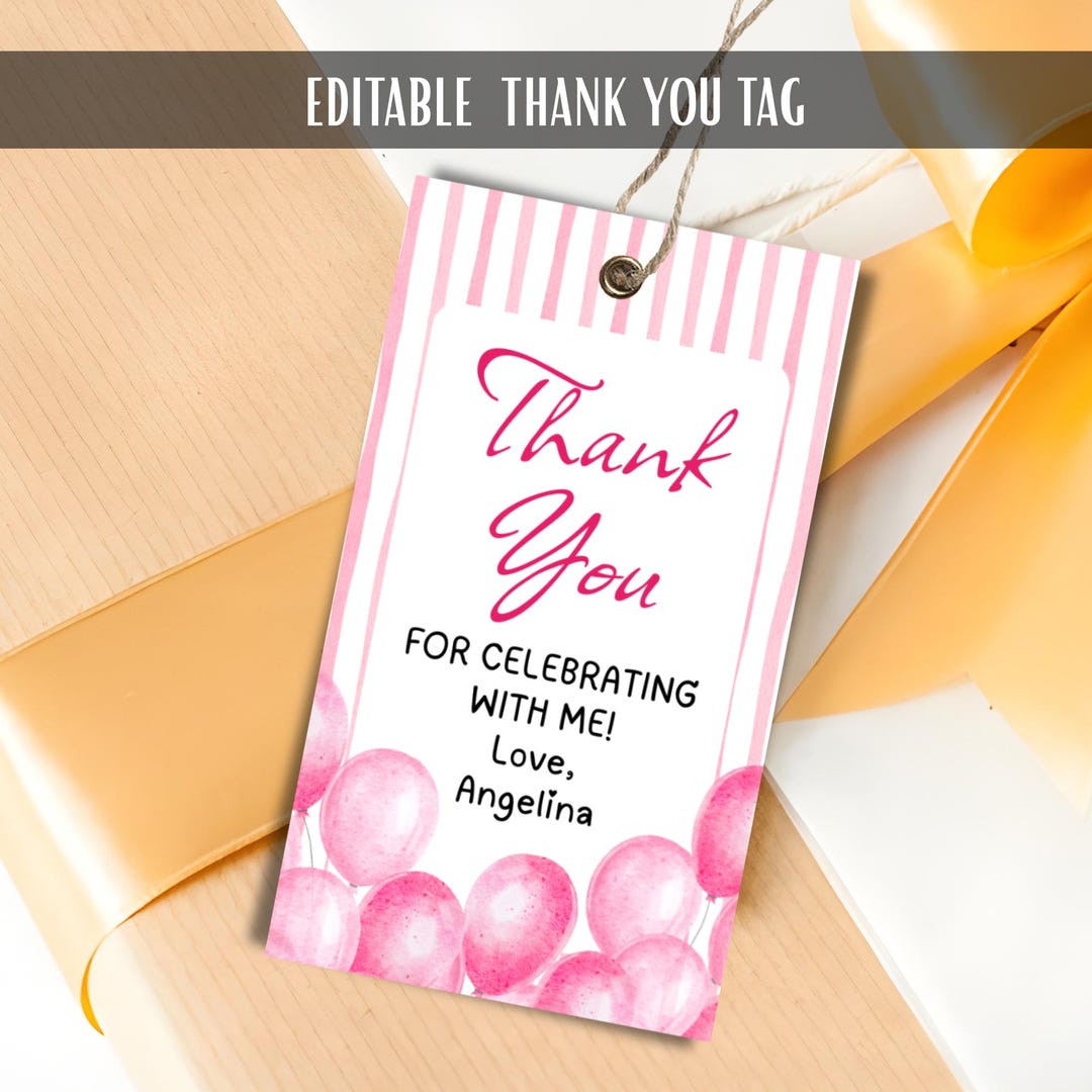 Watercolor Pink Balloon Birthday Party Thank You Gift Favor Tag ...