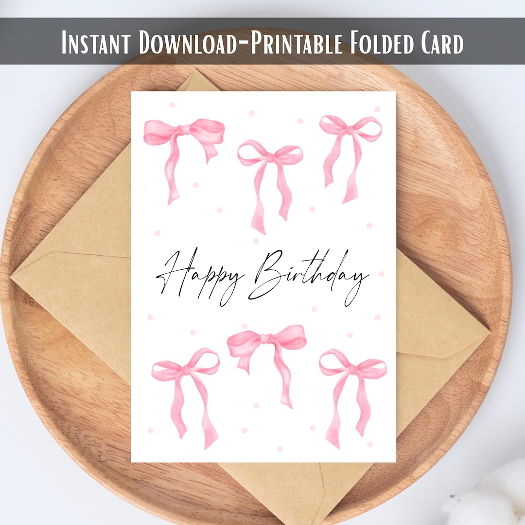 Pink Watercolor Coquette Happy Birthday Folded Greeting Card Printable ...