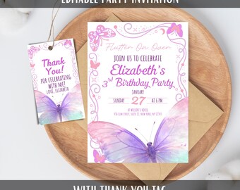 Carte d'invitation d'anniversaire floral fille papillon aquarelle et modèle d'étiquette de remerciement ensemble de fête d'anniversaire pastel numérique imprimable modifiable