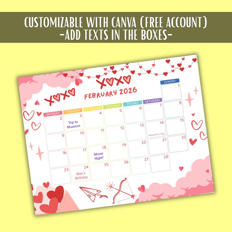 2026 Cute Colorful Printable Editable Calendar Template Kids Calendar ...