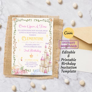 Once Upon A Time Pink Princess Birthday Party Invitation Card Template | Editable Printable Digital Fairy Theme Girl Birthday Invite