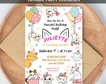 Modello di invito per festa di compleanno con gattini carini, modificabile, stampabile, digitale, per bambine, per la festa di compleanno dei bambini