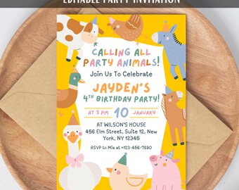Party Animals Birthday Party Invitation Card Template Editable Printable Digital Kids Pets Birthday Party Invite