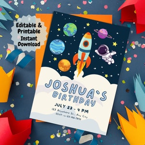 Weltraum-Geburtstags-Party Einladungskarte Vorlage | Bearbeitbare und druckbare Astronauten Geburtstagseinladung | Digitale Geburtstagskarte für Kinder