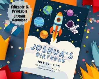 Invitación para fiesta de cumpleaños infantil de astronautas del espacio exterior (plantilla Canva editable, imprimible, descarga digital).