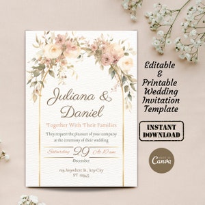 Watercolor Blush Flowers Wedding Invitation Card Template | Editable Printable Digital Beige Floral Wedding Invite