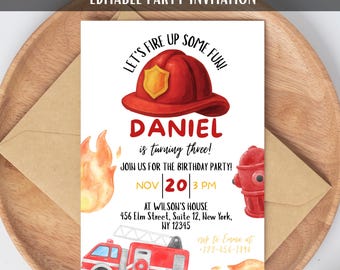 Aquarell Feuerwehrmann Geburtstagsfeier Einladung Kartenvorlage Bearbeitbare Druckbare Digitaler Download Feuerwehrauto-Party einladen