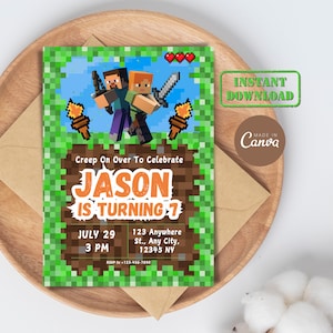 Modelo de cartão de convite de aniversário de Minecrafter de <br> Crie Seu Próprio Produto! Convite de videogame de pixel digital editável e imprimível para festa de aniversário de meninos