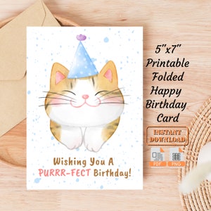Ik wens je een geweldige verjaardagswenskaart | Afdrukbare gevouwen blanco kaart Happy Birthday Cat |  Digitale opvouwbare verjaardagskaart