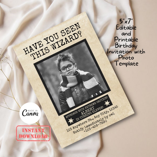 Have You Seen This Wizard Witch Birthday Party Invitation Card with Photo Template | Editable, Printable, Digital Magical HP Birthday Evite