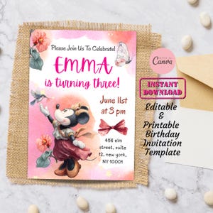 Modello di invito per la festa di compleanno di Minnie Mouse ad acquerello / Invito per la festa di compleanno per bambini a tema cartone animato digitale, modificabile e stampabile / Festa per ragazze
