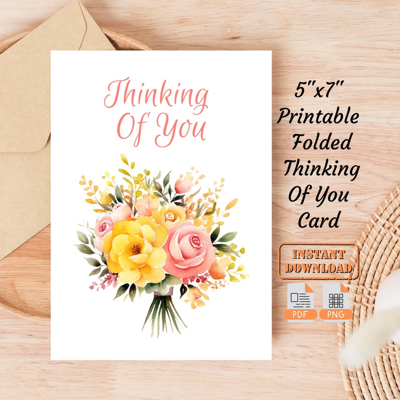 Floral Thinking of You Folded Gift Card Printable Sympathy Greeting ...