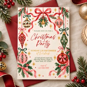 Moderne Einladungskarte mit Aquarell-Weihnachtskugelmotiv | Einladung zur Weihnachts- und Silvesterfeier | Bearbeitbare, druckbare digitale Canva-Vorlage