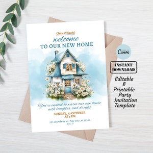 Carte d'invitation florale de pendaison de crémaillère de couleur bleue | Invitation à une nouvelle maison numérique imprimable, modifiable et modifiable | Première fête à la maison