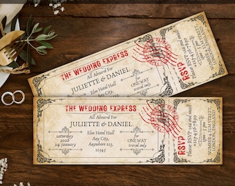 May include: Two vintage-style wedding train ticket templates with the text "The Wedding Express" and details for Juliette & Daniel. The tickets feature RSVP information and are set against a rustic wooden background.