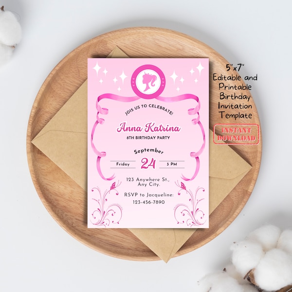 Pink Doll Birthday Party Invitation Card Template | Editable, Printable, Digital Hot Pink Doll Baby Birthday Invitation for Girls
