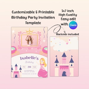Pink Princess Birthday Invitation with Photo: Editable Template