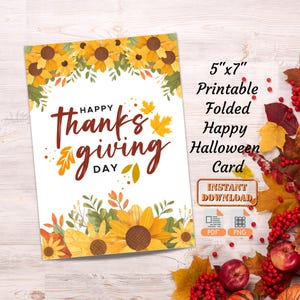 Carte de voeux pliée de tournesols heureux de Thanksgiving | Carte vierge numérique imprimable pour Thanksgiving | Cartes de voeux d'automne