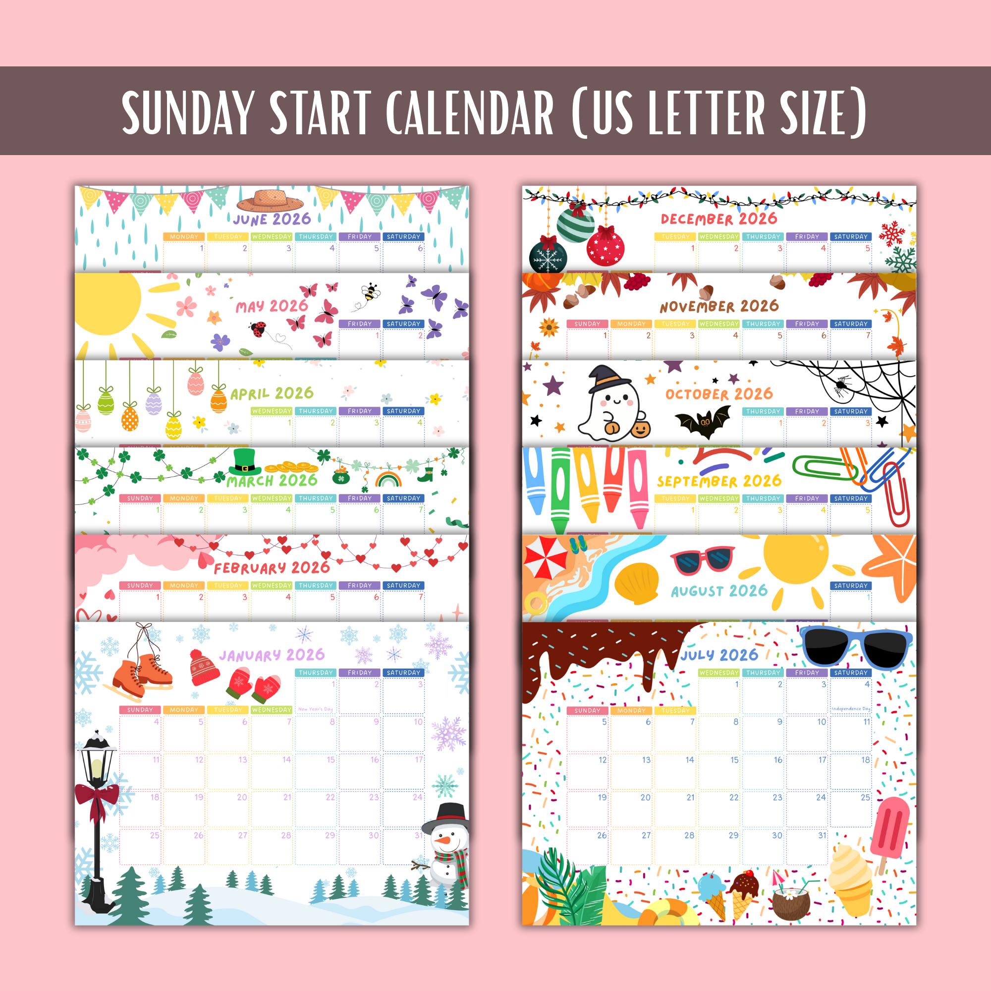 2026 Cute Colorful Printable Editable Calendar Template Kids Calendar ...