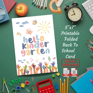 Hallo kleuterschool gevouwen blanco kaart | Afdrukbare opvouwbare wenskaart eerste dag kleuterschool terug naar school | Cadeaubon voor studenten