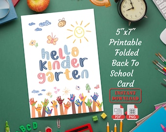 Hello Kindergarten Folded Blank Card | Printable First Day Of Kindergarten Back To School Foldable Greeting Card | Gift Card For Students