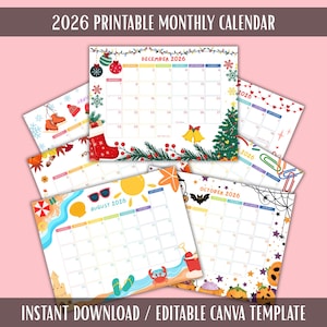 Puede incluir: Una colección de calendarios mensuales imprimibles de 2026 con temas de temporada. Cada calendario presenta un mes diferente, con ilustraciones que incluyen copos de nieve, escenas de playa y decoraciones de Halloween. El texto "2026 Printable Monthly Calendar" y "Instant Download / Editable Canva Template" son visibles.