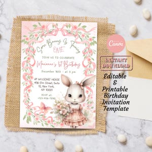 Dusty Pink Aquarell Kaninchen Geburtstag Party Einladung Karte Vorlage | Bearbeitbar druckbare digitale rosa rustikale Kaninchen-Mädchen-Geburtstag einladen