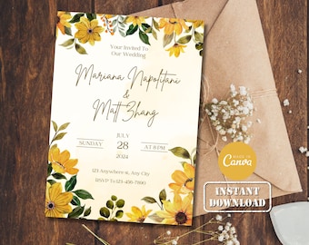 Cottage Sunflowers Wedding Invitation Card Template | Editable Printable Digital Countryside Wildflowers Floral Wedding Invite