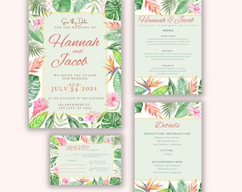 Faire-part de mariage botanique tropical, menu, RSVP, modèles de cartes de détails | Ensemble d'invitations de mariage imprimables et modifiables, suite d'invitations