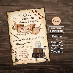 de Carte d'invitation de fête d'anniversaire magique de l'école des sorcières et des sorciers | Invitation d'anniversaire numérique imprimable modifiable pour une fête à thème HP