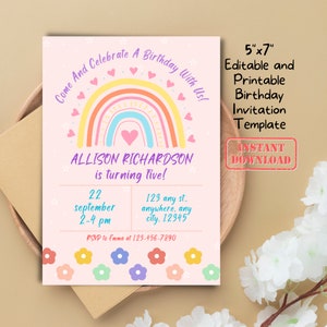 de couleur pastel arc-en-ciel et fleurs de carte d'invitation de fête d'anniversaire | Faire-part d'anniversaire arc-en-ciel rose numérique modifiable, imprimable