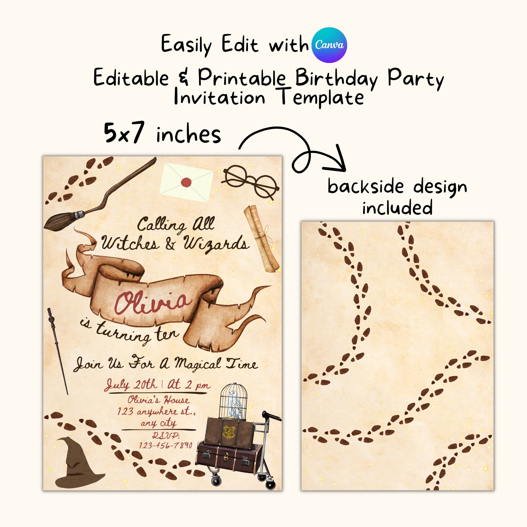 HP Witches and Wizards Birthday Party Invitation Card Template Editable ...