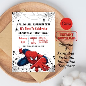 Convite de aniversário dos super-heróis do Homem-aranha de <br> Crie Seu Próprio Produto! Convite de aniversário digital editável e imprimível do super-herói do Homem-Aranha para crianças